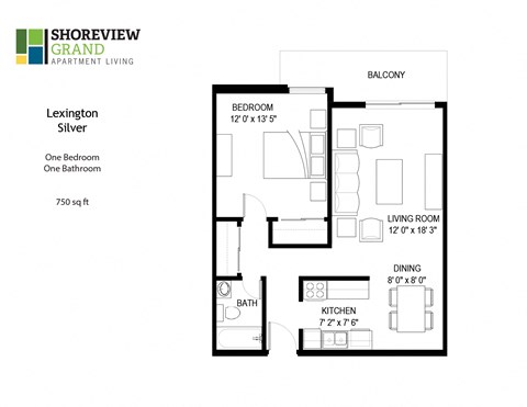 Floor plan for 1 bed, 1 bath, 750 sqft